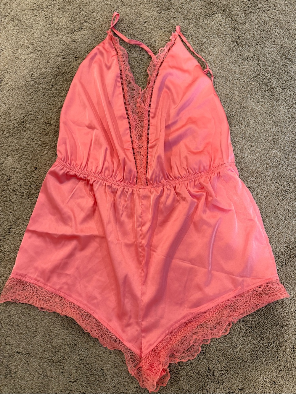 Lulu's Coral Pink Lace-Trim Satin Sleep Romper